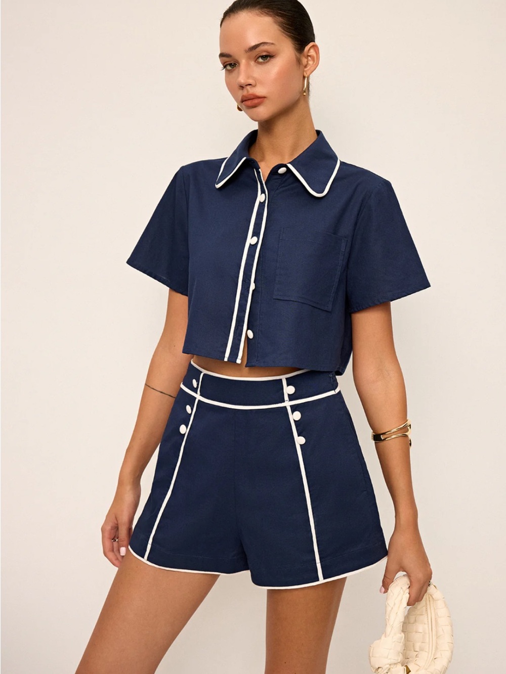 Commense Contrast Piping Crop Shirt and Shorts Set Size Small NWT